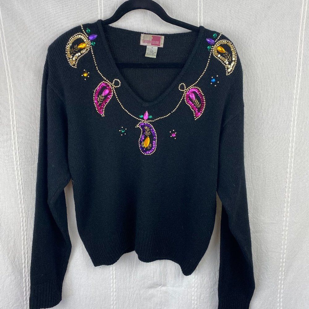 Vtg Sheridan Square Black Silk Angora Sweater with Sequin Bead Vintage Medium